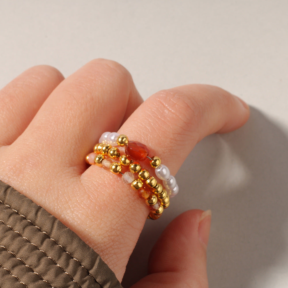 Sunlit Soul – 3-Piece Natural Red Agate & Pearl Stretch Ring Set