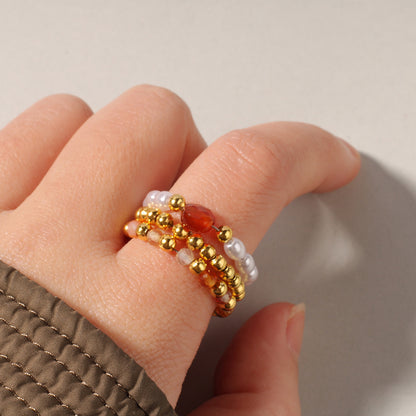 Sunlit Soul – 3-Piece Natural Red Agate & Pearl Stretch Ring Set