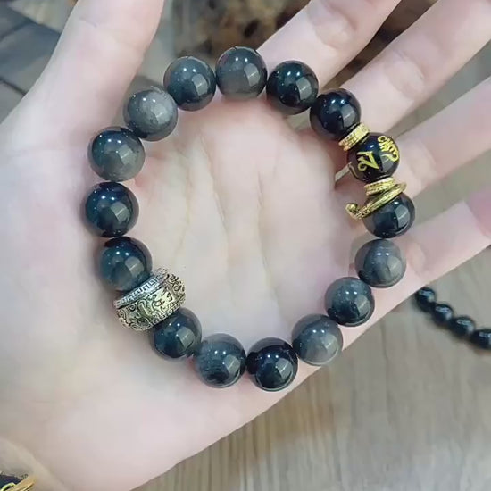 Wukong Silver Sheen Obsidian Bracelet · Mantra Energy Beads for Couples