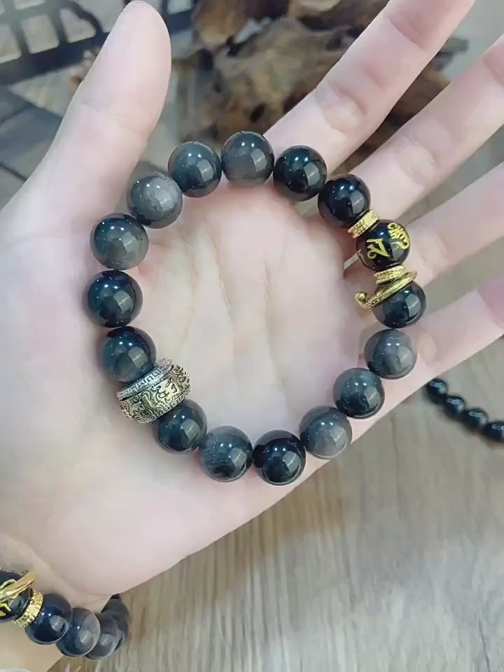 Wukong Silver Sheen Obsidian Bracelet · Mantra Energy Beads for Couples