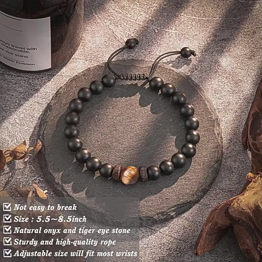 Natural Stone Bracelet for Men - Black Matte Tiger Eye & Lava Bead Skull Bracelet